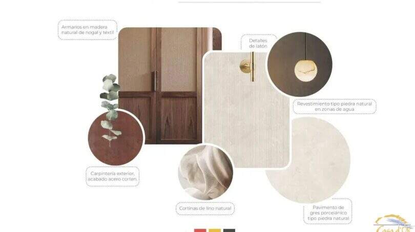 Tablero de inspiración de la Finca Artà: madera de nogal, piedra natural, lino, acero Corten y detalles de latón para un interior de estilo mediterráneo.