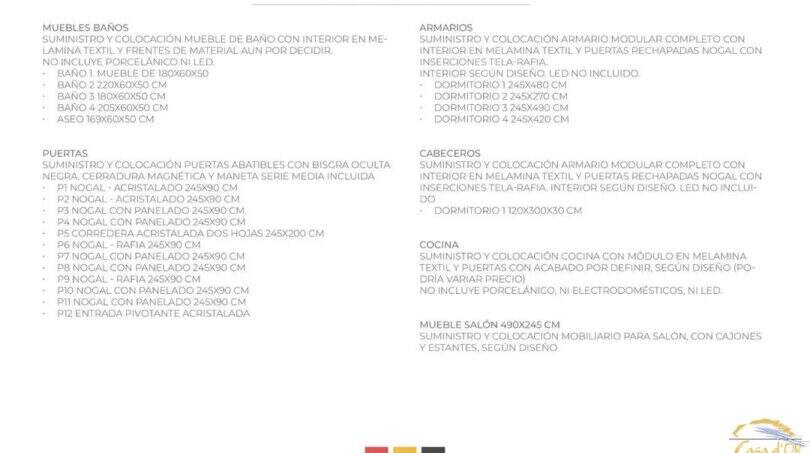 Lista de equipamiento técnico de la carpintería de interiores para una finca exclusiva en Artà: baños, puertas, armarios y cocina.