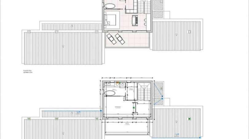 Grundriss Obergeschoss der Finca in Cala Murada mit Schlafzimmer, Bad, Terrassen und Treppenhaus.