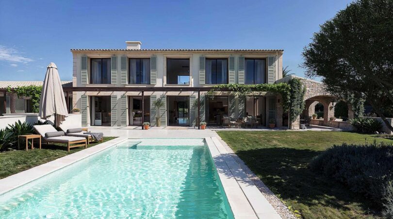 Luxusfinca Ses Salines: Außenpool mit Sonnenliegen, zweigeschossige Villa mit Fensterläden und Pergola