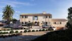 Außenansicht der Luxusfinca Ses Salines: mediterranes Herrenhaus mit Palmen, Kiesgarten und SUV vor Garage.