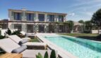 Luxusfinca Ses Salines: Pool mit Liegestühlen, mediterrane Steinfassade, Pergola und gepflegtem Garten.