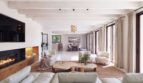 Helles Wohnzimmer der Luxusfinca in Ses Salines mit Kamin, Exposed Beams und offenem Grundriss