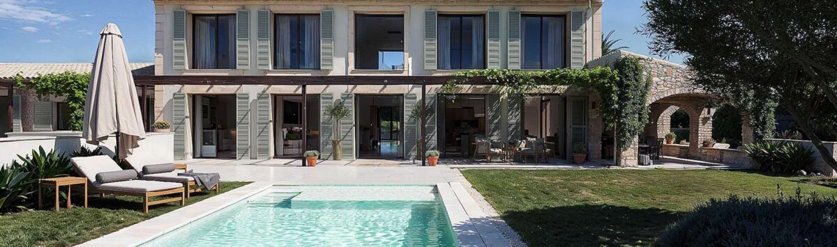 Luxusfinca Ses Salines: Elegante Außenansicht mit Pool, Loungebereich und mediterranem Garten.