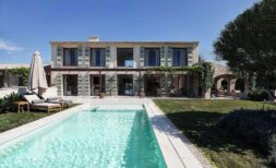 Luxury finca Ses Salines: Elegant exterior view with pool, lounge area and Mediterranean garden