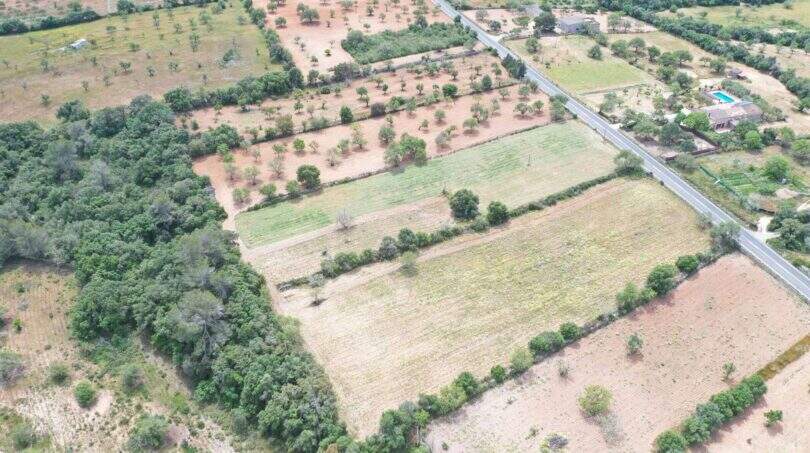 Fotografía aérea de un terreno urbanizable en Felanitx con campos, árboles y una calle en un entorno rural.