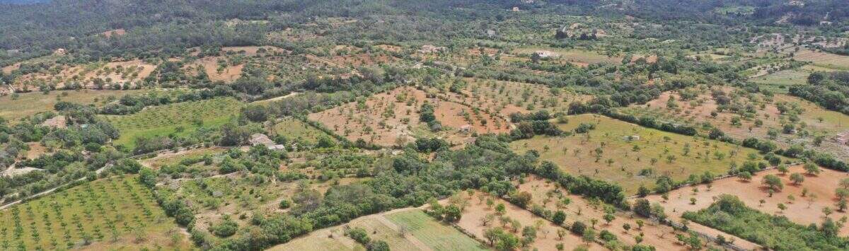Fotografía aérea del terreno de construcción Felanitx con vista al macizo montañoso Sant Salvador y paisaje circundante