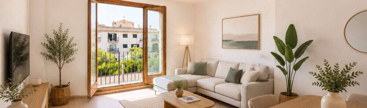 Heller Wohnbereich mit Balkon, Naturholzmöbeln und mediterranem Ausblick in 3-Zimmer-Wohnung, Llucmajor
