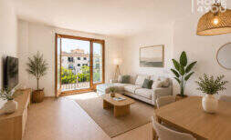 Zona de estar luminosa con balcón, muebles de madera natural y vista mediterránea en apartamento de 3 habitaciones, Llucmajor
