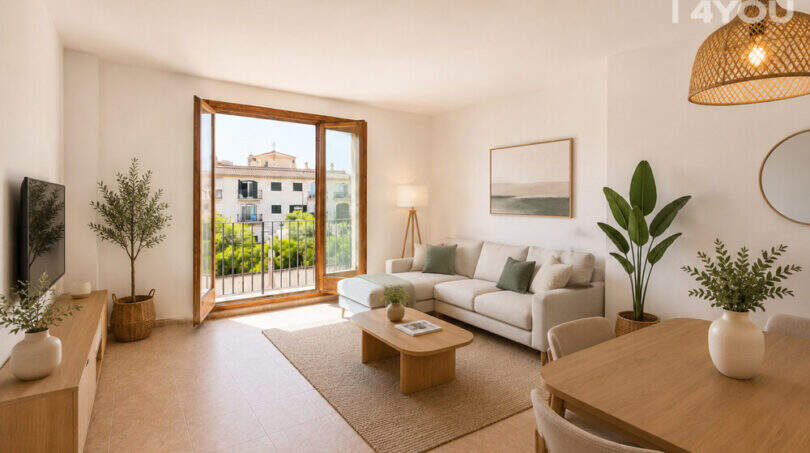 Heller Wohnbereich mit Balkon, Naturholzmöbeln und mediterranem Ausblick in 3-Zimmer-Wohnung, Llucmajor