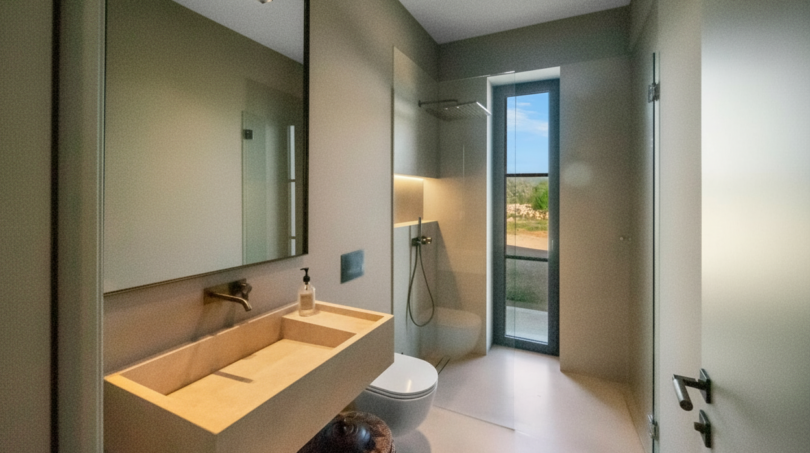 Modernes Badezimmer der Finca Portocolom mit Naturstein-Waschtisch, Dusche und Fensterblick ins Grüne