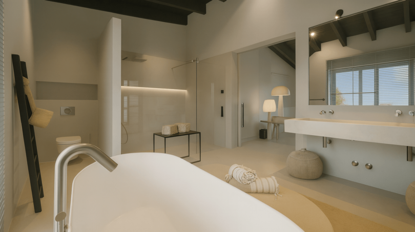 Luxuriöses Badezimmer der Finca bei Portocolom mit freistehender Badewanne, Walk-in-Dusche und elegantem Doppelwaschbecken.