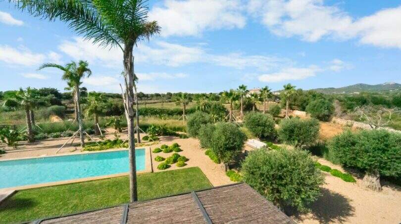Finca Portocolom: Blick vom Dach auf Pool, Gartenanlage mit Palmen und Olivenbäumen, Ausblick ins Grüne