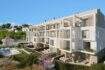 Exterior view of modern new residential complex in Palmanova with pool, terraces and lush greenery, close to the beach.