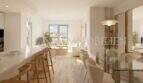 Bright living-dining area with kitchen island, glass dining table and sea view window in new apartment Palmanova