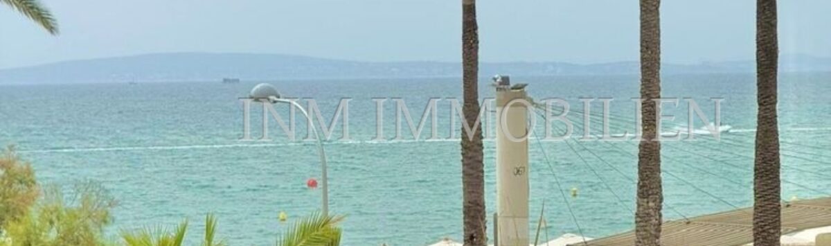 Sea view with turquoise blue water, sandy beach and palm trees at Playa de Palma, Mallorca