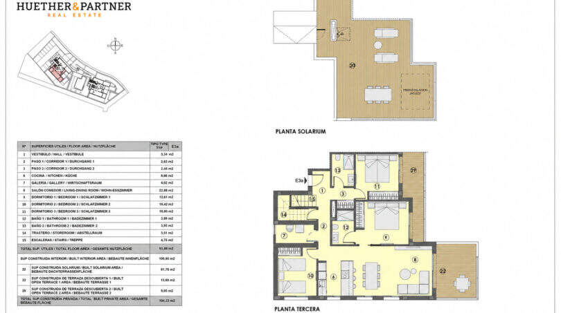 Grundriss Penthouse Canyamel: 3 Schlafzimmer, 2 Bäder, Wohnbereich, Solarium mit Jacuzzi, 194 m² Gesamtfläche.