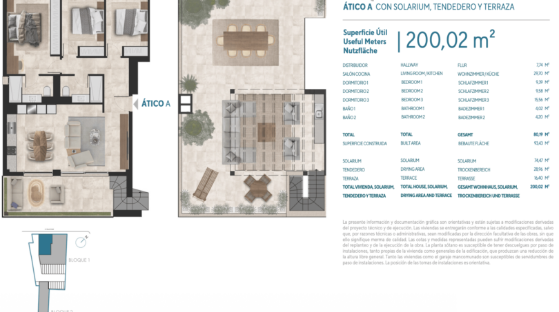 Grundriss Penthouse Porto Cristo: 3 Schlafzimmer, 2 Bäder, Wohnküche, Solarium 74 m², Terrasse 16 m²