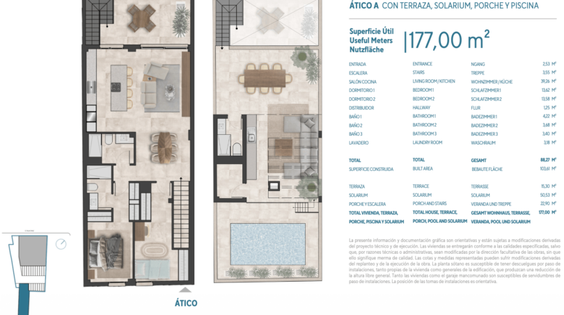 Grundriss Penthouse B2 Ático in Porto Cristo, 177 m², 2 Schlafzimmer, 3 Bäder, Terrasse, Solarium und Pool.