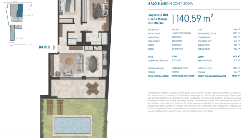 Grundriss EG Bajo B, Bloque 1, Porto Cristo: 2 Schlafzimmer, Wohnküche, 140,59 m² mit Privatgarten und Pool.