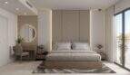 Modernes Schlafzimmer mit Doppelbett, LED-Beleuchtung, Balkon und eleganter Einrichtung in Porto Cristo