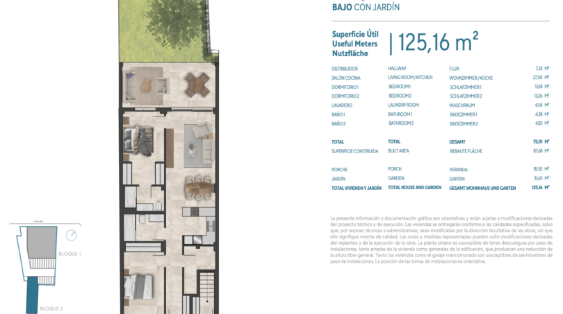 Floor plan GF Block 2 with garden, 125 m², 2 bedrooms, living kitchen, terrace and private garden, Porto Cristo new construction.