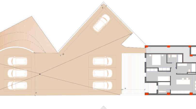 Grundrissplan Dachgeschoss mit Garage für 6 Fahrzeuge und Wohnbereich, Maßstab 1:100, Rohbauprojekt Manacor