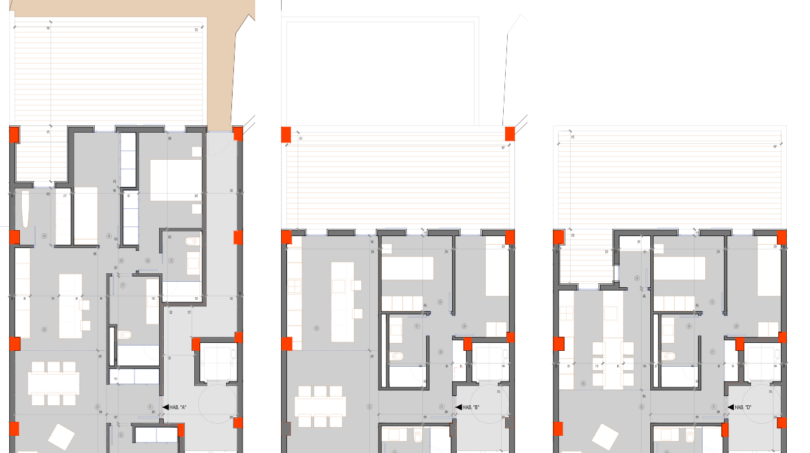 Grundrisse Erdgeschoss, 2.-3. und 5. Obergeschoss des Rohbau-Renditeobjekts in Manacor mit Garage