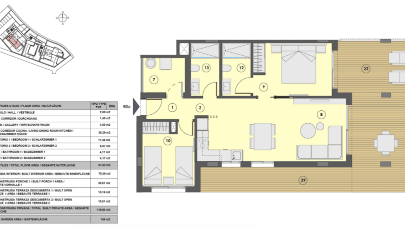 Grundriss EG-Wohnung Canyamel: 2 Schlafzimmer, 2 Bäder, Wohnküche, Terrassen & 154 m² Garten, 150 m zum Meer