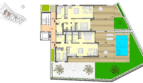Grundriss EG-Wohnung in Canyamel: 2 Schlafzimmer, Wohnbereiche, Terrasse, Pool und 154 m² Garten, meernahe Lage.
