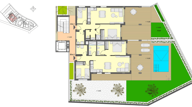Grundriss EG-Wohnung in Canyamel: 2 Schlafzimmer, Wohnbereiche, Terrasse, Pool und 154 m² Garten, meernahe Lage.