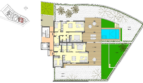 Grundriss EG-Wohnung in Canyamel: 2 Schlafzimmer, Terrassen, privater Pool und 186 m² Garten.