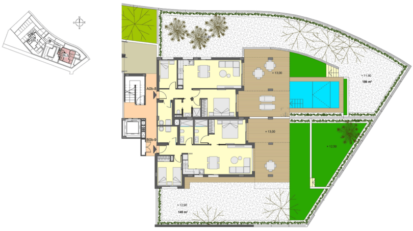 Grundriss EG-Wohnung in Canyamel: 2 Schlafzimmer, Terrassen, privater Pool und 186 m² Garten.