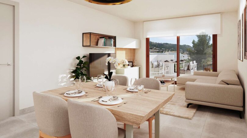 Helles Wohn-Esszimmer mit Holztisch, Sofabereich und Zugang zur Terrasse in Erdgeschoss-Wohnung, Canyamel