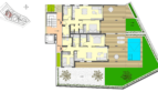 Grundriss EG-Wohnung in Canyamel mit 2 Schlafzimmern, 2 Bädern, privatem Pool und Garten.
