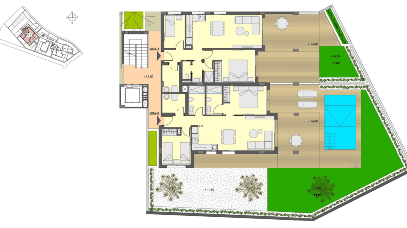 Grundriss EG-Wohnung in Canyamel mit 2 Schlafzimmern, 2 Bädern, privatem Pool und Garten.