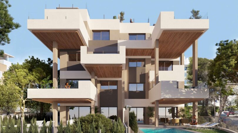 Moderne Wohnanlage mit Pool, großzügigen Balkonen und Holzdecken in Canyamel – Außenansicht