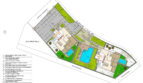 Plano de situación de un apartamento en planta baja en Canyamel con piscina, jardín, aparcamientos y áreas comunitarias en dos bloques de viviendas.