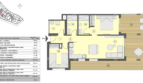 Grundriss EG-Wohnung Canyamel: 2 Schlafzimmer, 2 Bäder, Wohnküche, Terrassen und Garten, 119 m² Wohnfläche.