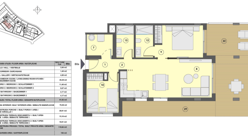 Grundriss EG-Wohnung Canyamel: 2 Schlafzimmer, 2 Bäder, Wohnküche, Terrassen und Garten, 119 m² Wohnfläche.