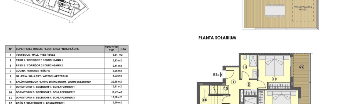 Grundriss Penthouse Canyamel: 3 Schlafzimmer, Wohnbereich, 2 Bäder und private Dachterrasse mit Jacuzzi-Vorinstallation.