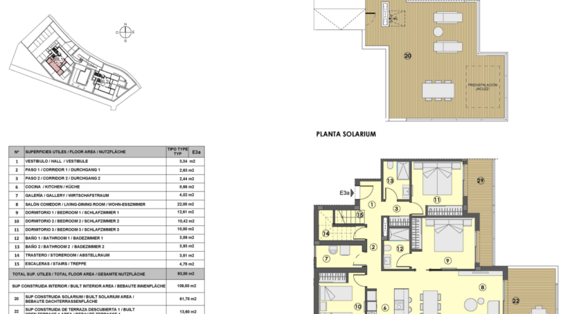 Grundriss Penthouse Canyamel: 3 Schlafzimmer, Wohnbereich, 2 Bäder und private Dachterrasse mit Jacuzzi-Vorinstallation.