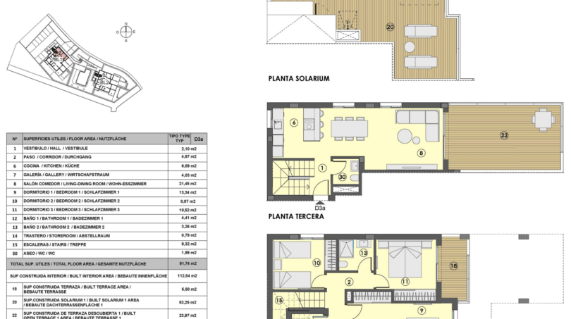 Grundriss Duplex-Penthouse Canyamel: 3 Schlafzimmer, Wohnbereich, Solarium & Dachterrasse, 195 m² Gesamtfläche.