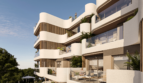 Moderne Wohnanlage in Cala Ratjada mit geschwungenen Balkonen, Glasgeländern und üppiger Bepflanzung, 250 m vom Meer.
