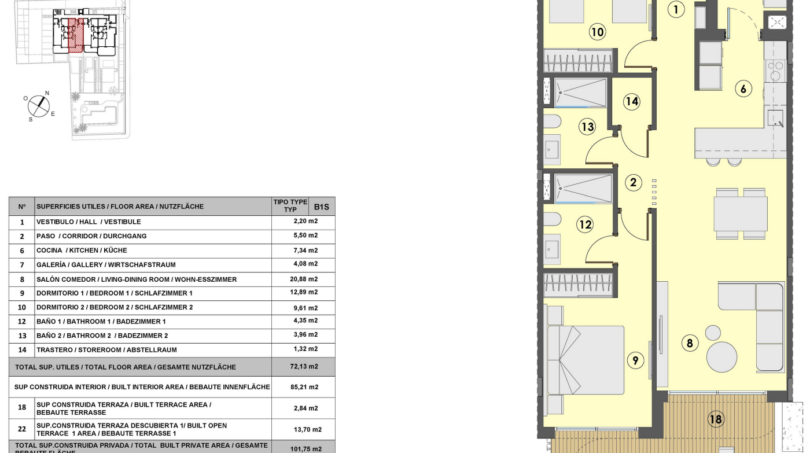 Grundriss Typ B1S: 2-Zimmer-Wohnung, 72 m² Nutzfläche, Terrasse 13,70 m², Küche, 2 Bäder.