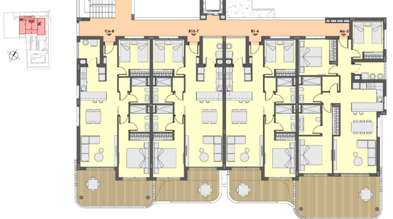Grundriss von Wohnung B1S-7 mit Terrasse, Schlaf-, Wohn- und Badezimmer in Cala Ratjada