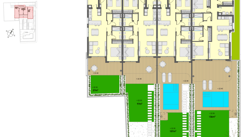 Grundriss EG-Wohnung in Cala Ratjada mit 97 m² Garten, Pool und 2 Stellplätzen