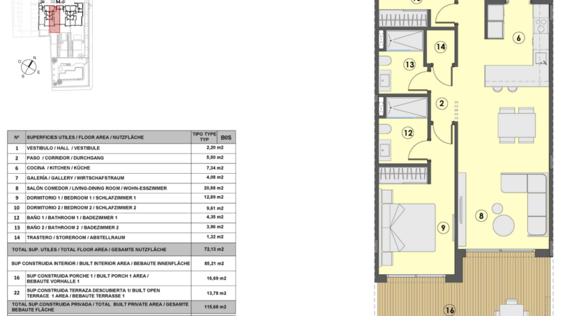 Grundriss einer EG-Wohnung in Cala Ratjada mit 2 Schlafzimmern, Wohnbereich, Küche, Porch und 97 m² Garten.