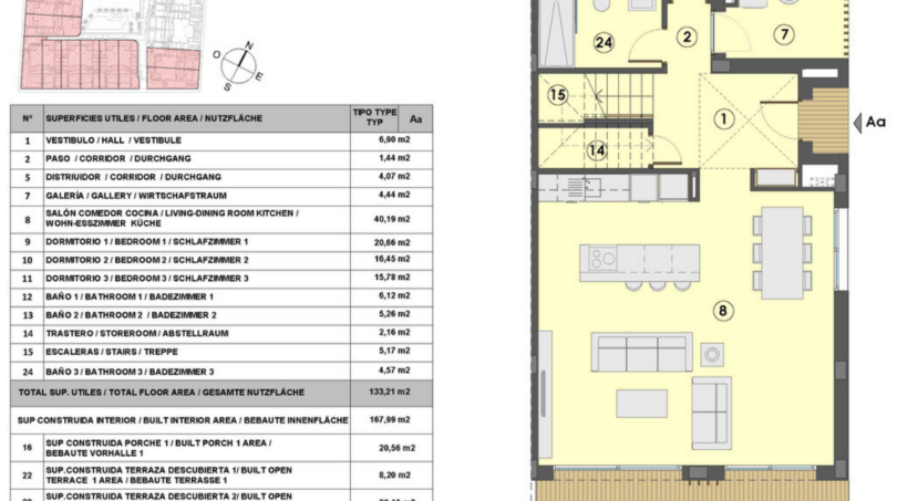 Floor Plan of a Semi-Detached House in Cala Ratjada with Open-Plan Kitchen, 3 Bedrooms, Bathrooms and Terrace (133 m²).