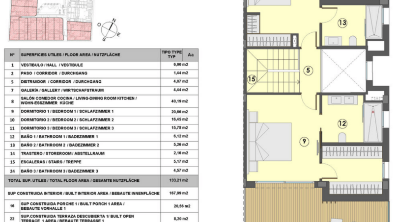 Floor Plan of the Semi-Detached House in Cala Ratjada with 3 Bedrooms, Bathrooms & Terraces, 133 m² Usable Space.